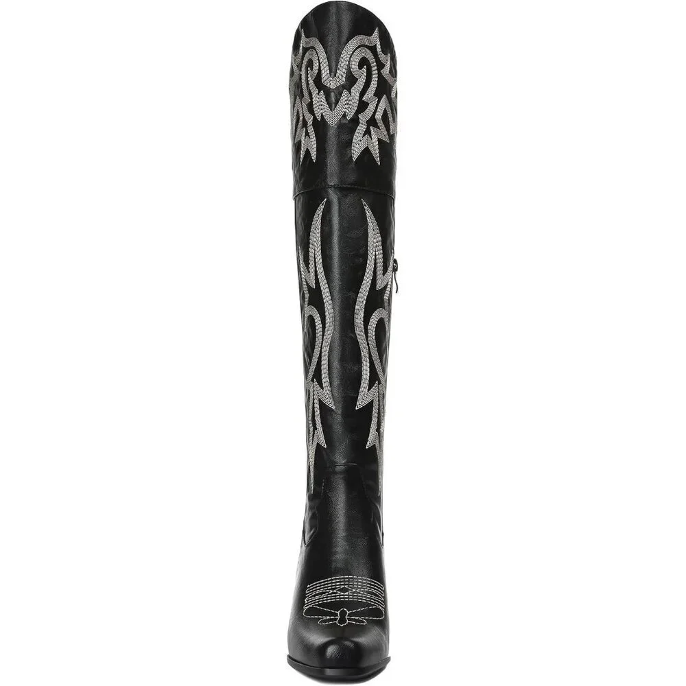 Women Black Pu Polyurethane Thigh High Embroidered Pointed Toe Chunky Heels Boot